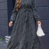 Robe Midi à Imprimé Floral Noir et Blanc pour Femme avec Ceinture Ajustable (TEMU)