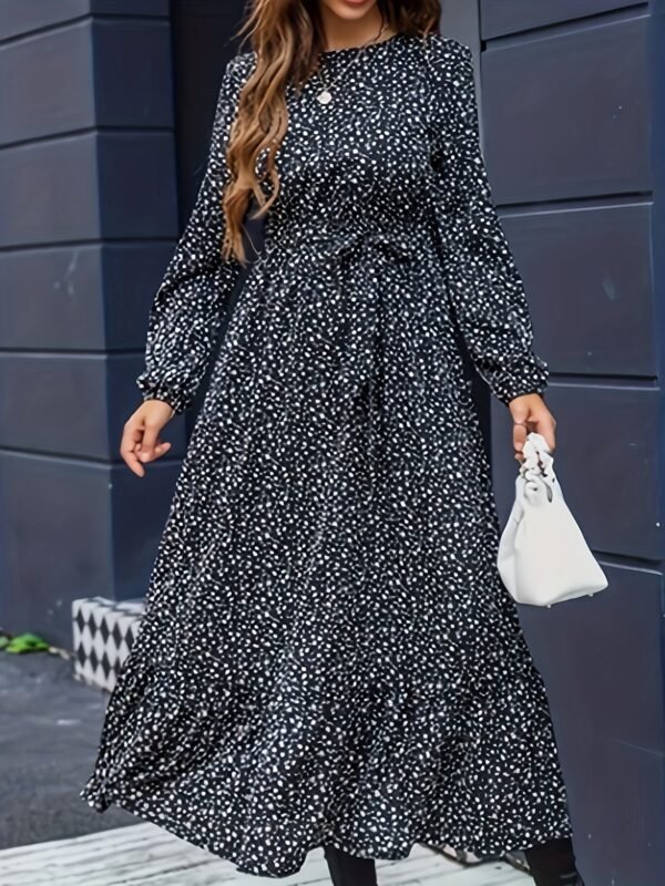 Robe Midi à Imprimé Floral Noir et Blanc pour Femme avec Ceinture Ajustable (TEMU)