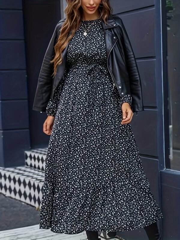 Robe Midi à Imprimé Floral Noir et Blanc pour Femme avec Ceinture Ajustable (TEMU)