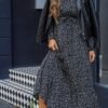 Robe Midi à Imprimé Floral Noir et Blanc pour Femme avec Ceinture Ajustable (TEMU)