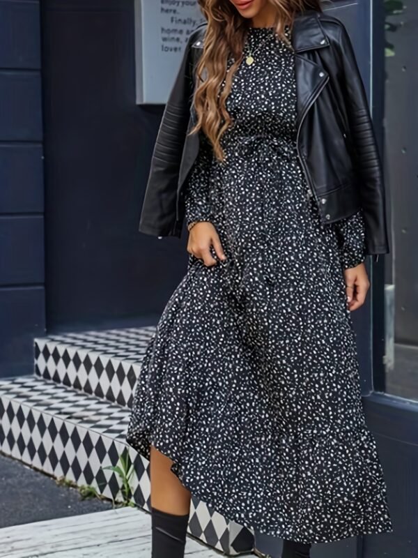 Robe Midi à Imprimé Floral Noir et Blanc pour Femme avec Ceinture Ajustable (TEMU)