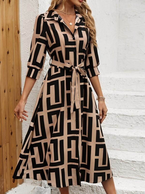 Robe Élégante à Manches Longues et Ceinturée en A (TEMU)