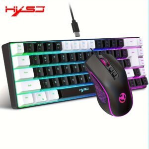 Ensemble clavier et souris de jeu filaire HXSJ, 68 touches avec rétroéclairage couleur, souris optique