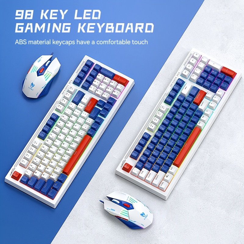 Clavier RGB filaire USB, rétroéclairage arc-en-ciel, souris 3 couleurs haut de gamme. Le clavier a une sensation mécaniquement silencieuse, un design ergonomique de touches haut-bas, et les touches sont en film de silicone. Convient aux ordinateurs, ordinateurs portables, ordinateurs de bureau et tout-en-un, - le cadeau parfait pour les anniversaires et les vacances