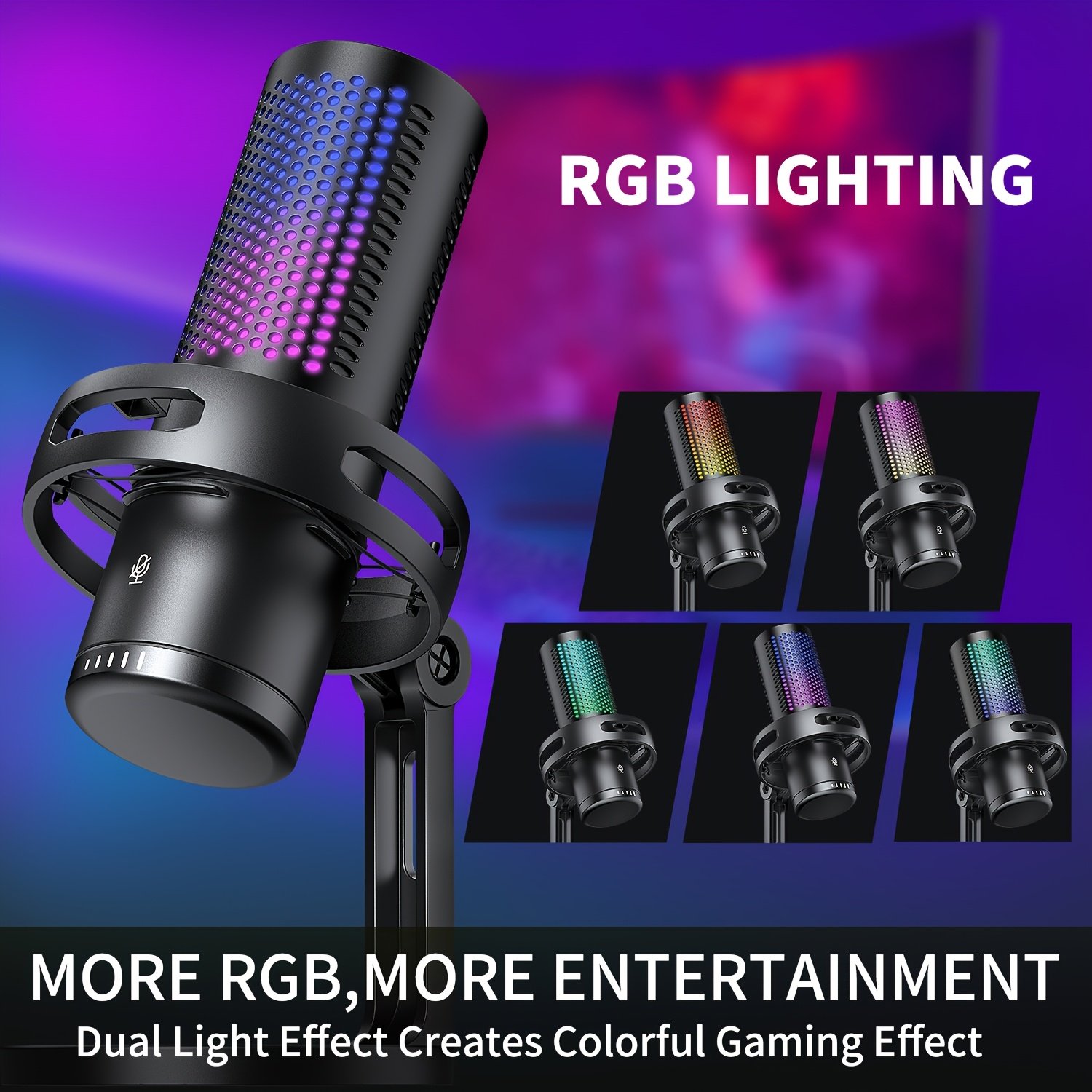 Microphone de Jeu RIKSOIN RGB avec Réduction de Bruit, Support Trépied et Éclairage RGB - Antivibrations Amélioré, Branchement Rapide à Une Touche, Contrôle du Volume, Compatibilité PS4/PS5, Bureau, Micro pour PC