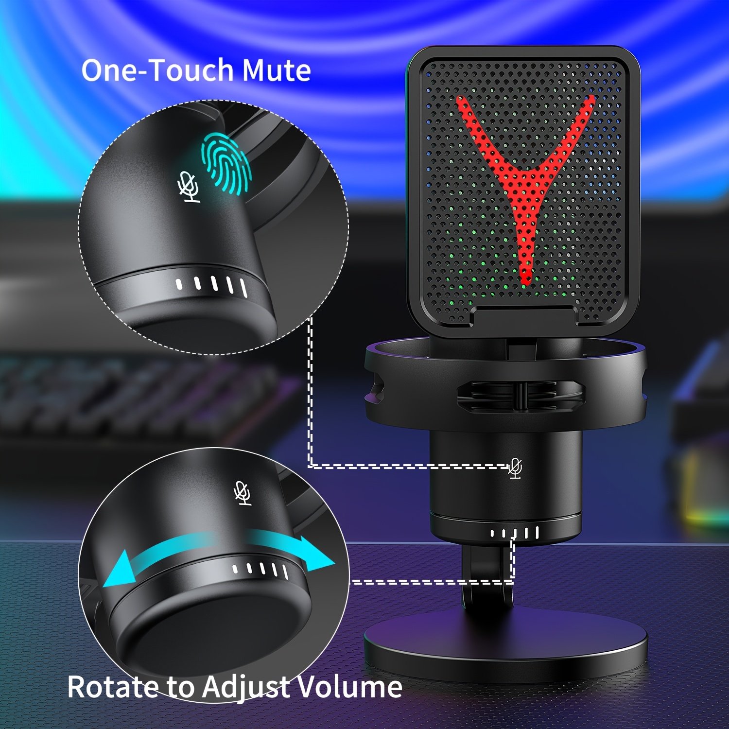 Microphone de Jeu RIKSOIN RGB avec Réduction de Bruit, Support Trépied et Éclairage RGB - Antivibrations Amélioré, Branchement Rapide à Une Touche, Contrôle du Volume, Compatibilité PS4/PS5, Bureau, Micro pour PC