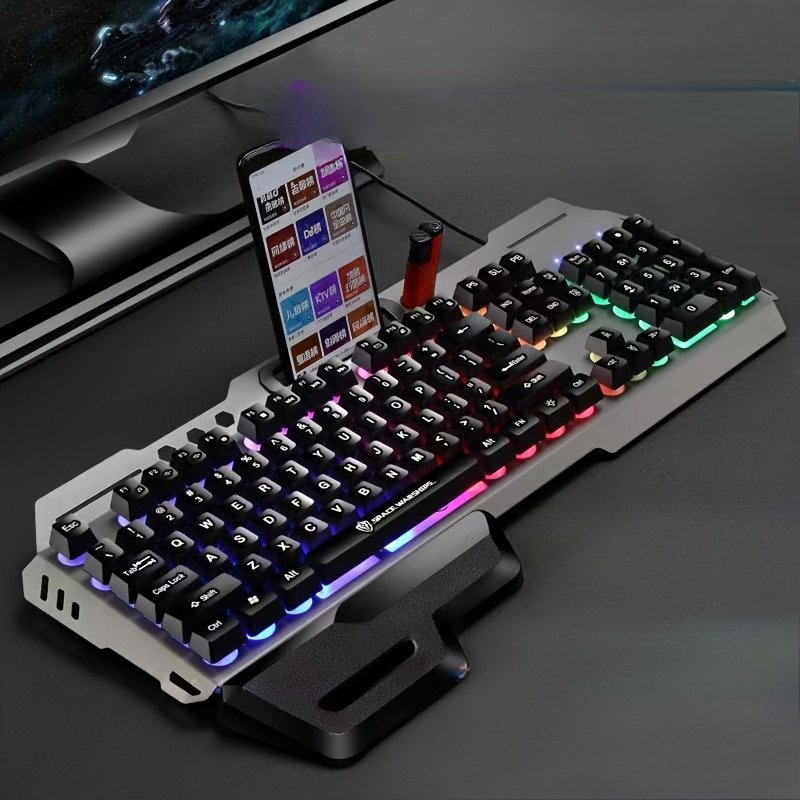 Clavier de jeu avec fil mécanique, bras détachable, rétroéclairage RGB, panneau en métal, design ergonomique, pas besoin de piles