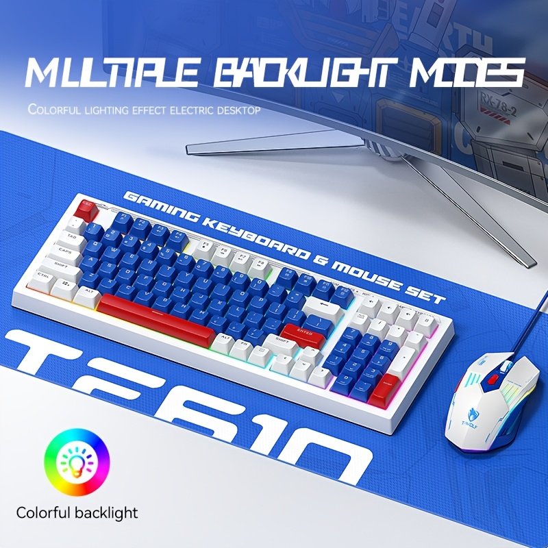 Clavier RGB filaire USB, rétroéclairage arc-en-ciel, souris 3 couleurs haut de gamme. Le clavier a une sensation mécaniquement silencieuse, un design ergonomique de touches haut-bas, et les touches sont en film de silicone. Convient aux ordinateurs, ordinateurs portables, ordinateurs de bureau et tout-en-un, - le cadeau parfait pour les anniversaires et les vacances