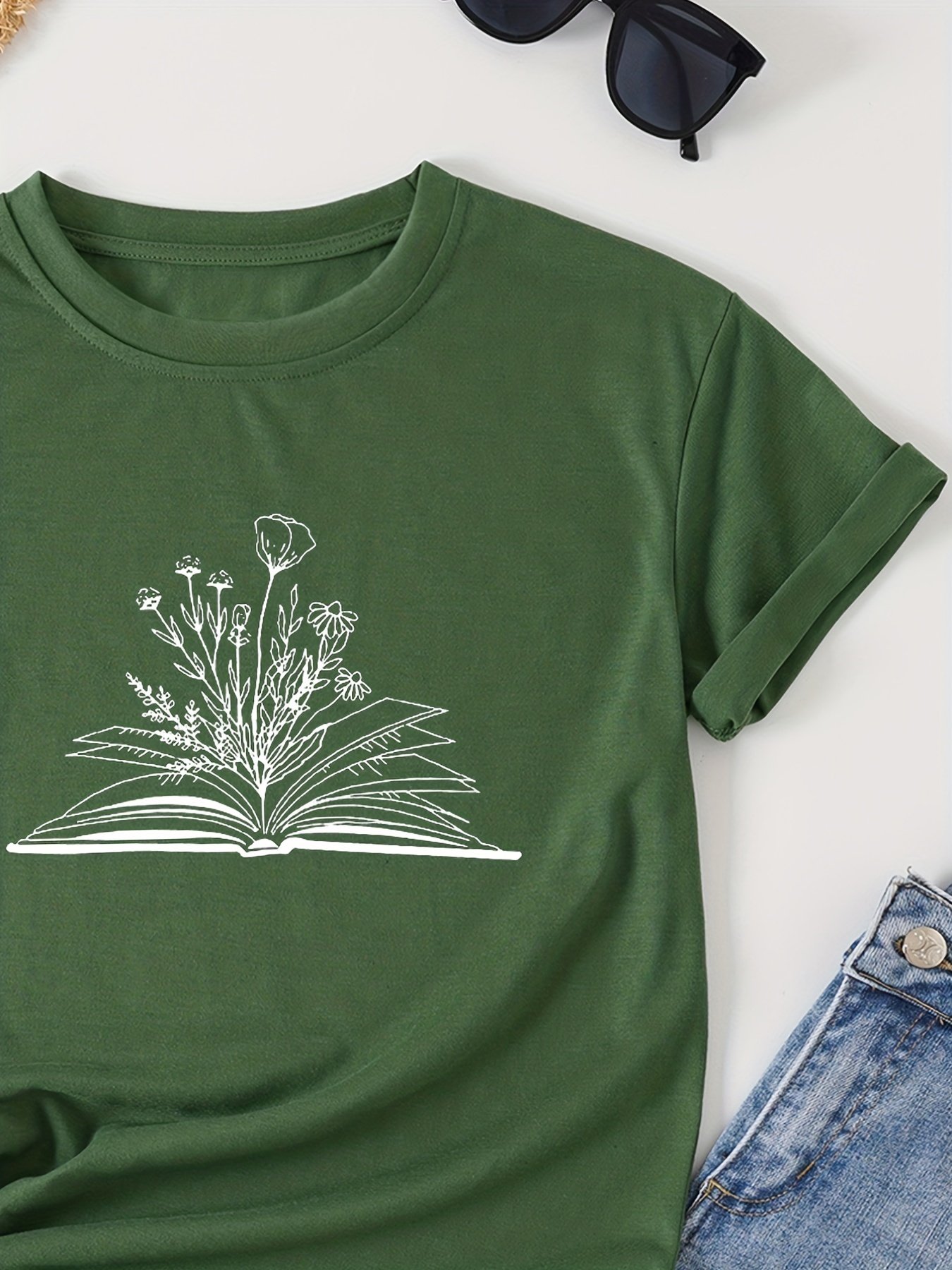 T-shirt À Col Rond Imprimé Livre Et Floral, T-shirt Décontracté À Manches Courtes Pour Le Printemps Et L'été, Vêtements Pour Femmes