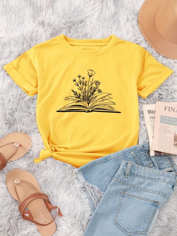 T-shirt À Col Rond Imprimé Livre Et Floral (TEMU)