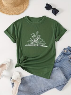 T-shirt À Col Rond Imprimé Livre Et Floral (TEMU)