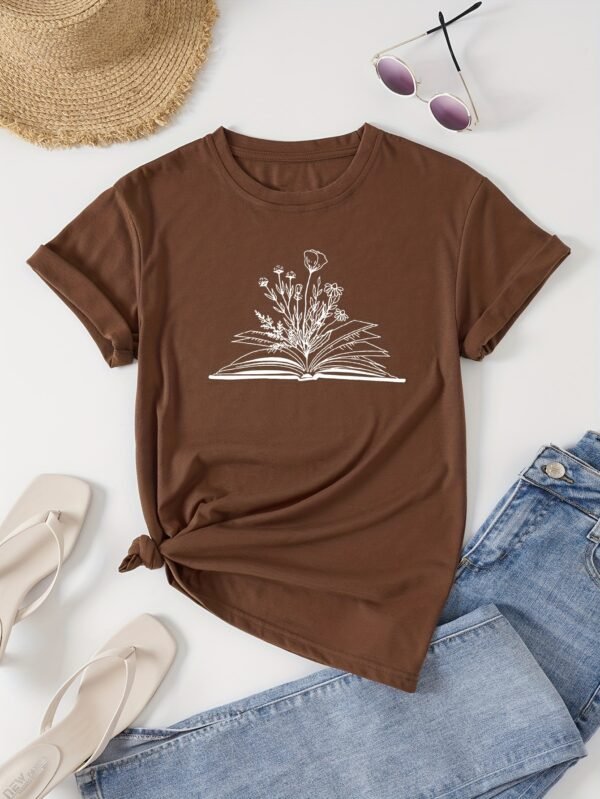 T-shirt À Col Rond Imprimé Livre Et Floral (TEMU)