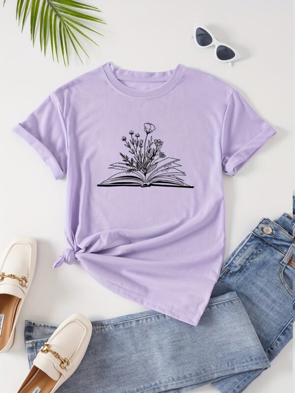 T-shirt À Col Rond Imprimé Livre Et Floral (TEMU)