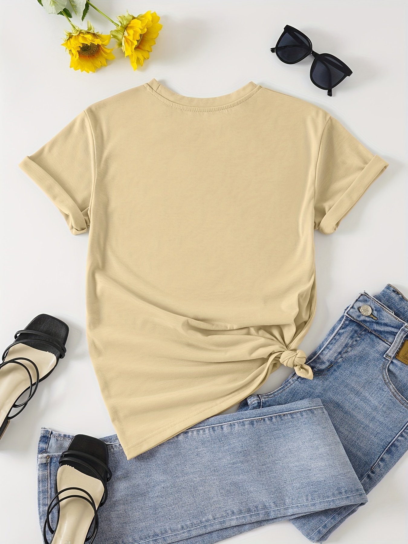 T-shirt À Col Rond Imprimé Livre Et Floral, T-shirt Décontracté À Manches Courtes Pour Le Printemps Et L'été, Vêtements Pour Femmes
