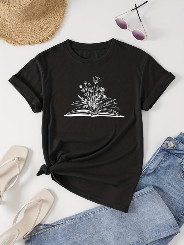 T-shirt À Col Rond Imprimé Livre Et Floral (TEMU)