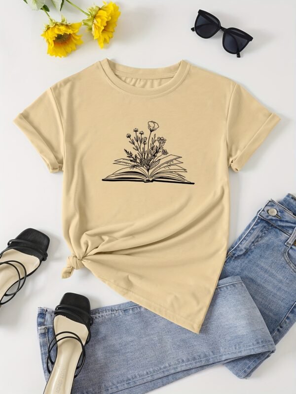 T-shirt À Col Rond Imprimé Livre Et Floral (TEMU)