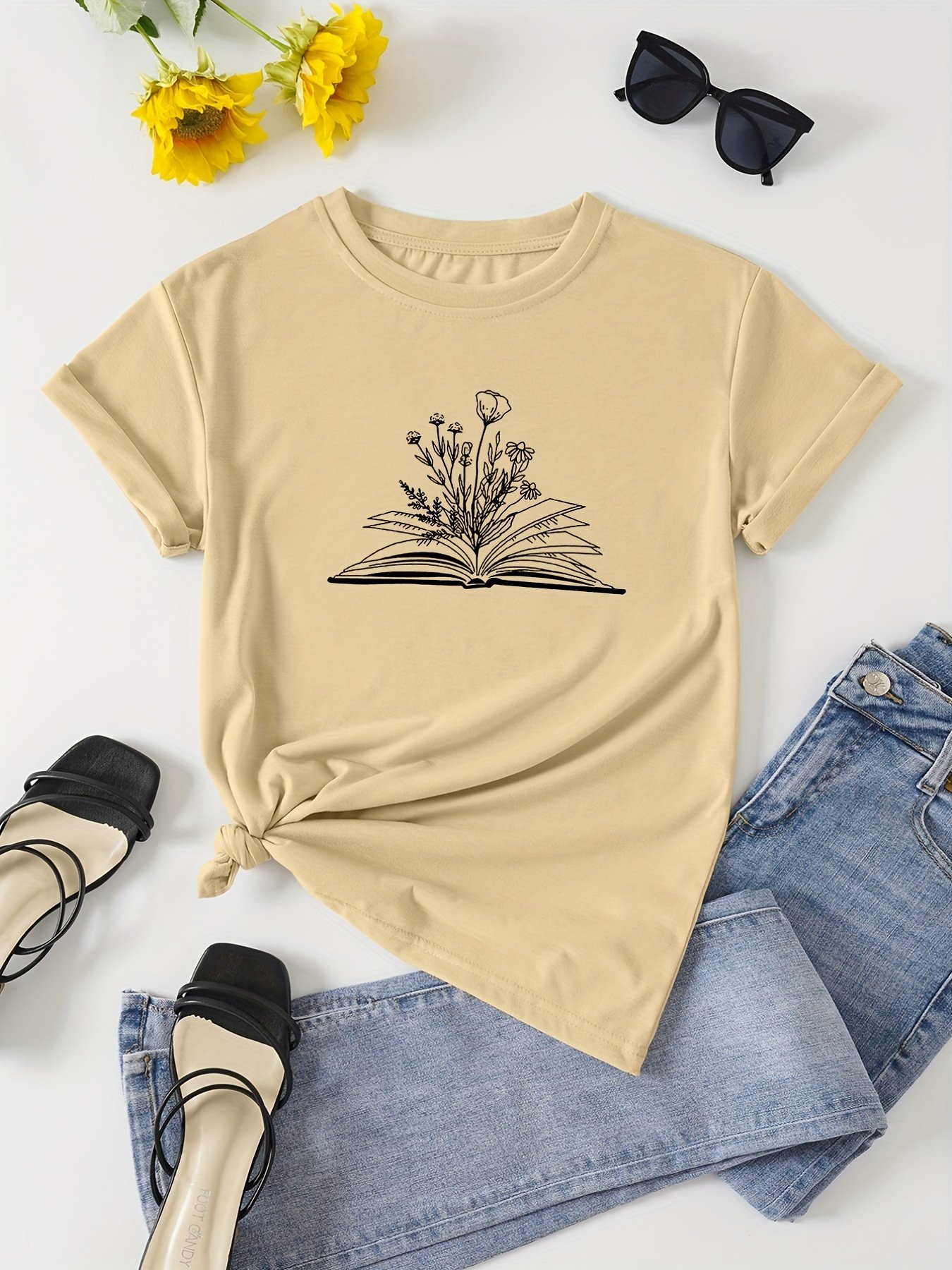 T-shirt À Col Rond Imprimé Livre Et Floral, T-shirt Décontracté À Manches Courtes Pour Le Printemps Et L'été, Vêtements Pour Femmes