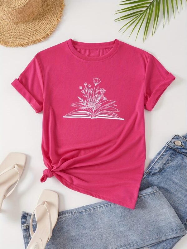 T-shirt À Col Rond Imprimé Livre Et Floral (TEMU)