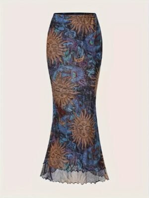 Jupe sirène taille haute bohème élégante avec impression florale et céleste (TEMU)