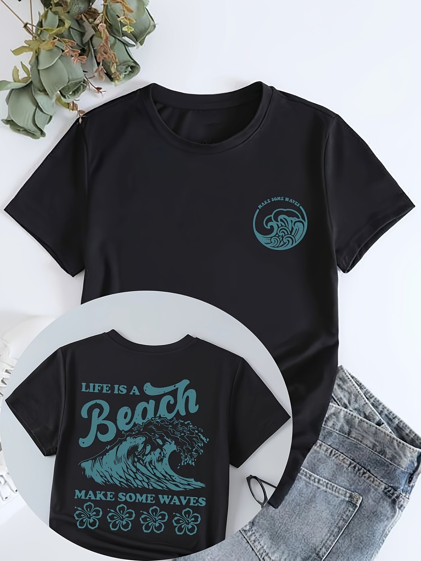 T-shirt à col rond imprimé plage, haut à manches courtes décontracté pour le printemps et l'été, vêtements pour femmes