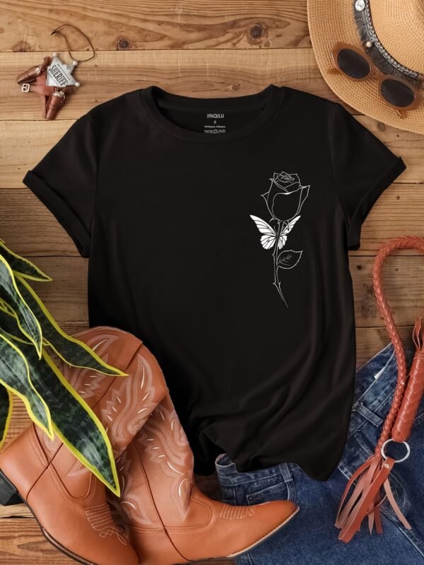 T-shirt À Col Rond Imprimé Rose, Haut Décontracté À Manches Courtes (TEMU)