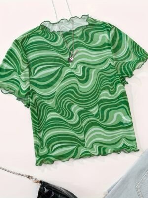 Chemise Femme Élégante à Col Rond et Manches Courtes en Côtelé(TEMU)