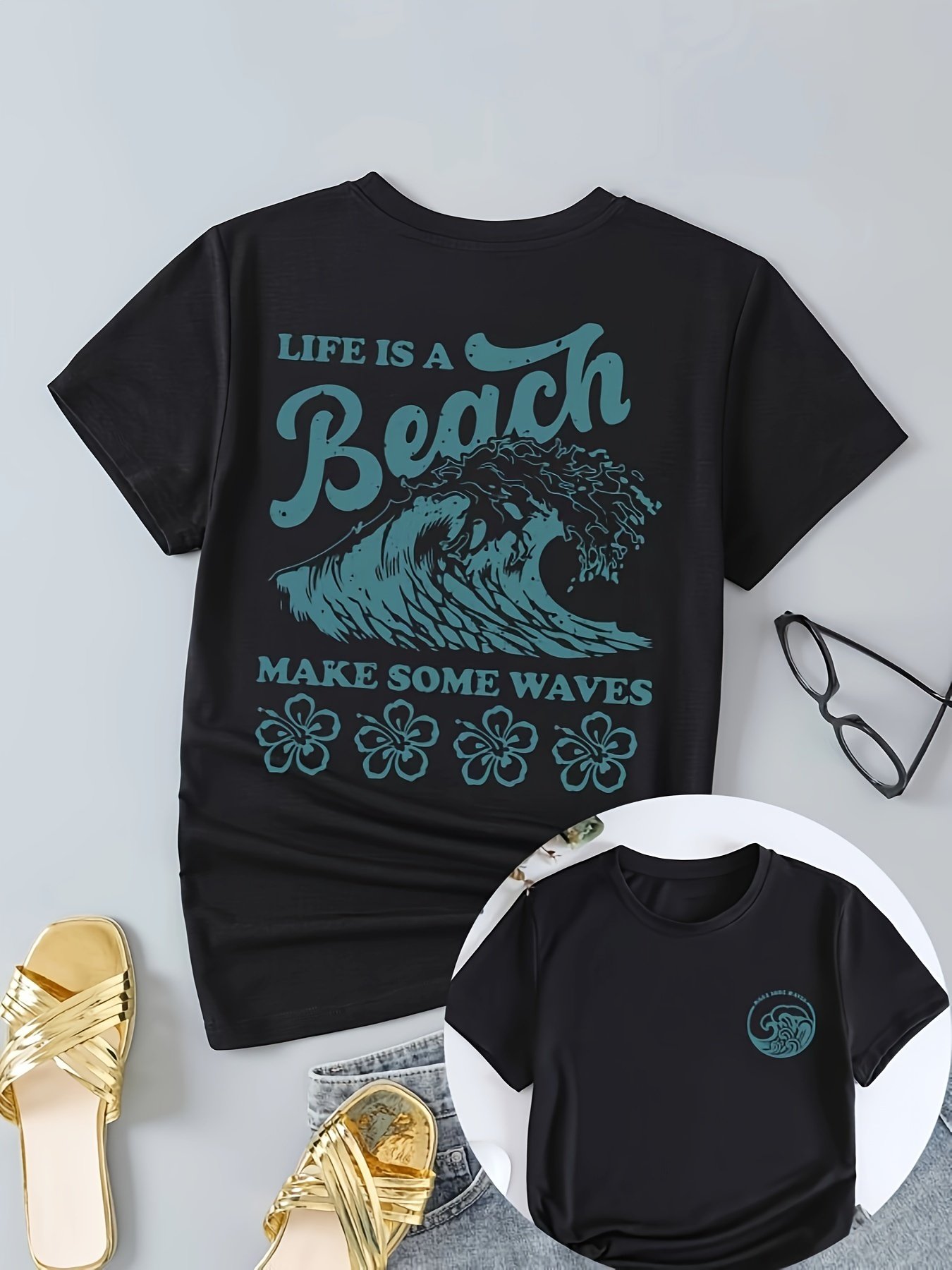 T-shirt à col rond imprimé plage, haut à manches courtes décontracté pour le printemps et l'été, vêtements pour femmes