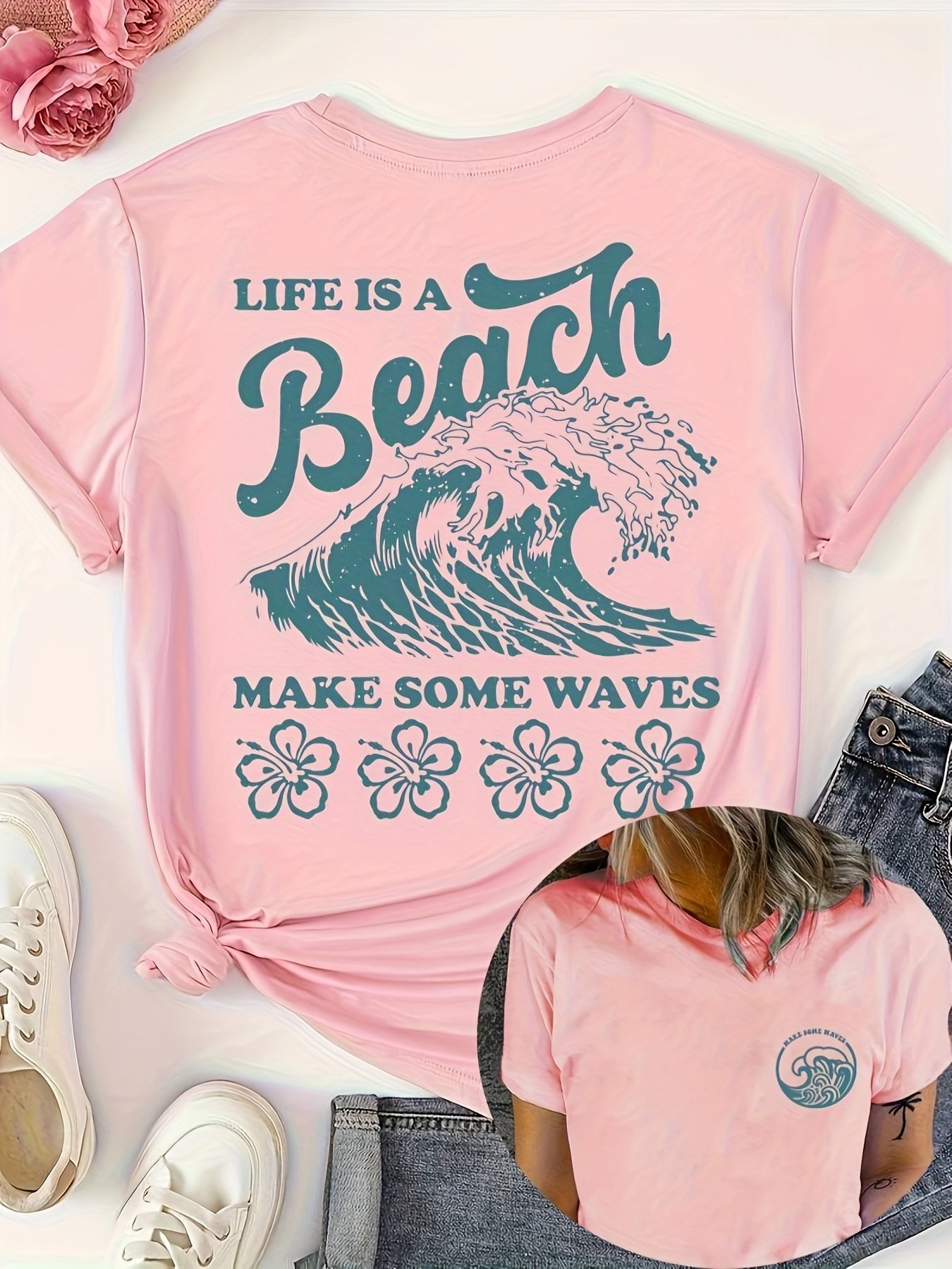 T-shirt à col rond imprimé plage, haut à manches courtes décontracté pour le printemps et l'été, vêtements pour femmes