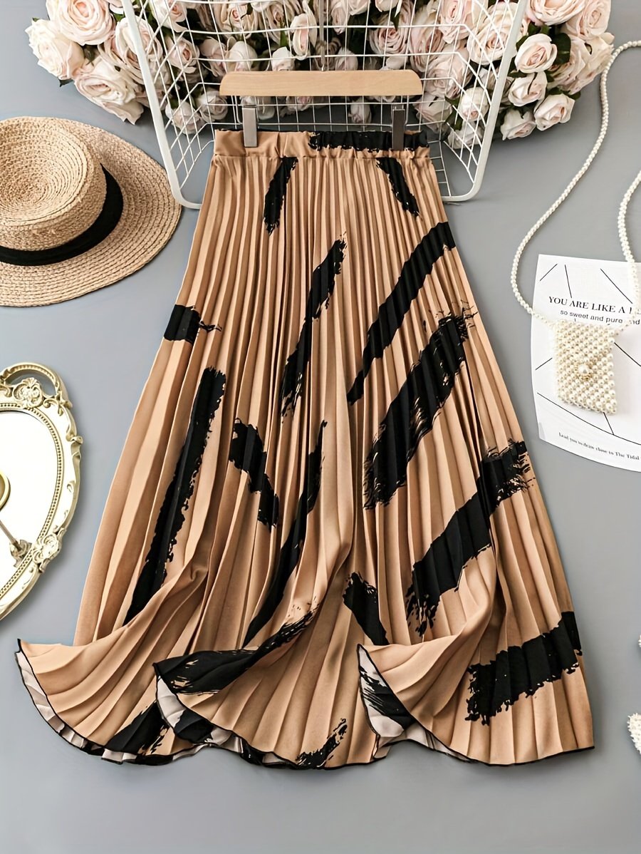 Jupe taille haute élastique imprimée abstraite, Jupe A-line élégante pour le printemps et l'été, Vêtements pour femmes
