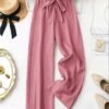 Pantalon large rose élégant pour femme avec détail de nœud (TEMU)