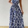 Robe Longue Élégante à Imprimé avec Col Noué et Ceinture (TEMU)