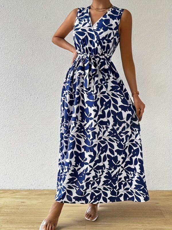 Robe Longue Élégante à Imprimé avec Col Noué et Ceinture (TEMU)