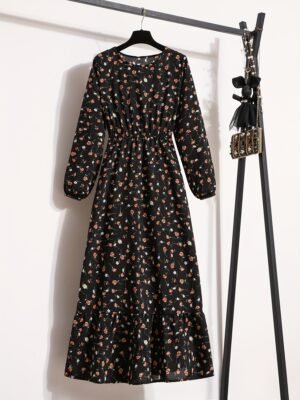 Robe Élégante Femme à Imprimé Floral Noir avec - Manches Longues (TEMU)