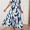 Robe Élégante Femme à Imprimé Abstrait Bleu Marine et Blanc (TEMU)