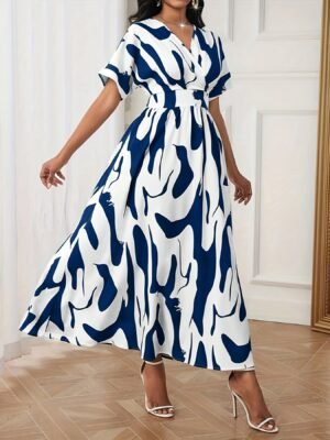 Robe Élégante Femme à Imprimé Abstrait Bleu Marine et Blanc (TEMU)