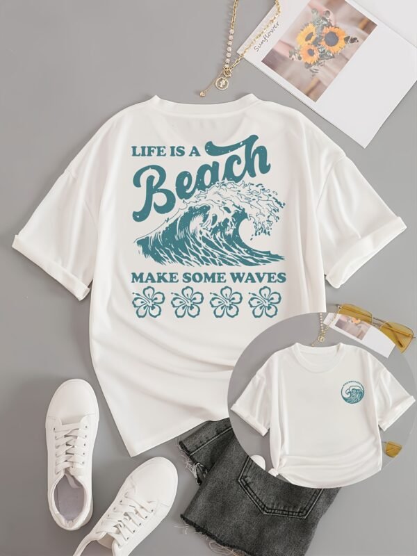 T-shirt à col rond imprimé plage (TEMU)