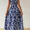 Robe Longue Élégante à Imprimé avec Col Noué et Ceinture (TEMU)