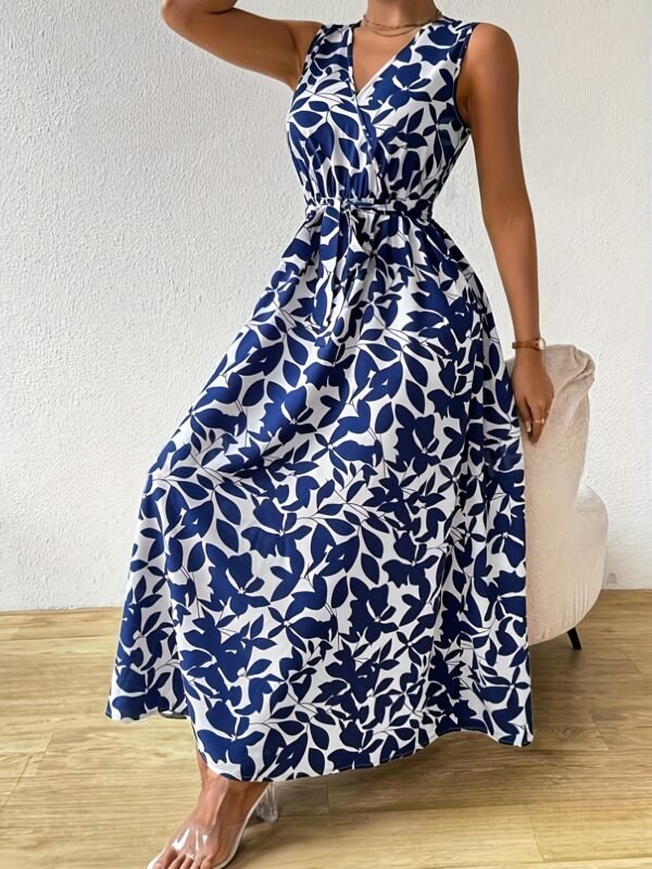 Robe Longue Élégante à Imprimé avec Col Noué et Ceinture (TEMU)