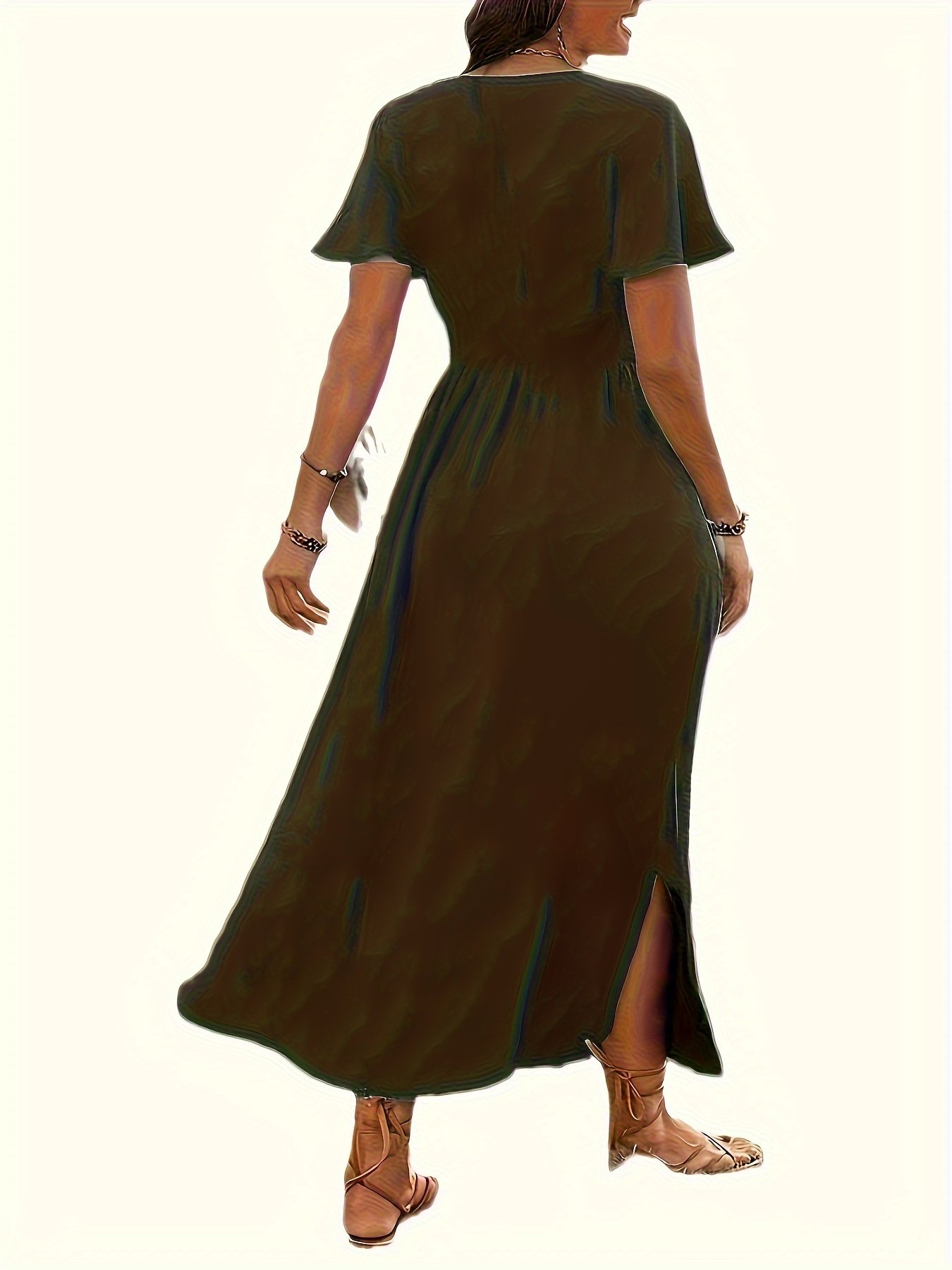 Robe Midi Ajustée pour Femmes en Vert Olive avec Encolure Croisée, Ourlet Asymétrique et Manches Bouffantes - Respirante, Lavable en Machine, Texture Lisse pour Événements Extérieurs d'Été