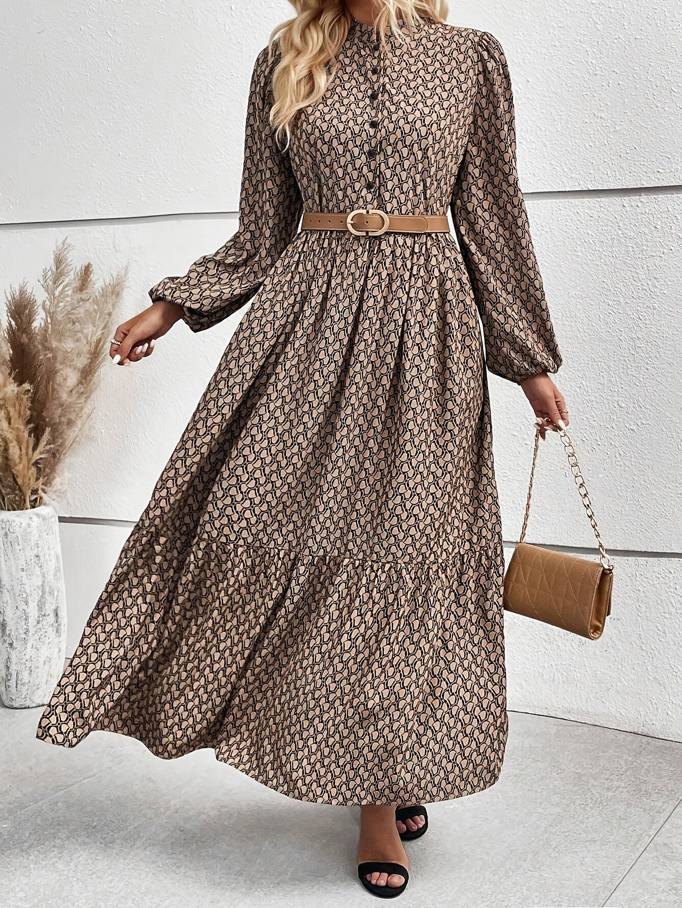 Robe boutonnée sur le devant, sans ceinture, à imprimé intégral, élégante robe ample à manches lanterne pour le printemps et l'automne, vêtements pour femmes