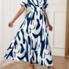 Robe Élégante Femme à Imprimé Abstrait Bleu Marine et Blanc (TEMU)