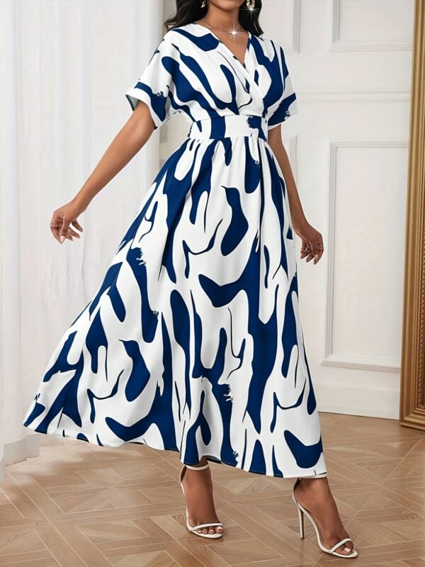 Robe Élégante Femme à Imprimé Abstrait Bleu Marine et Blanc (TEMU)