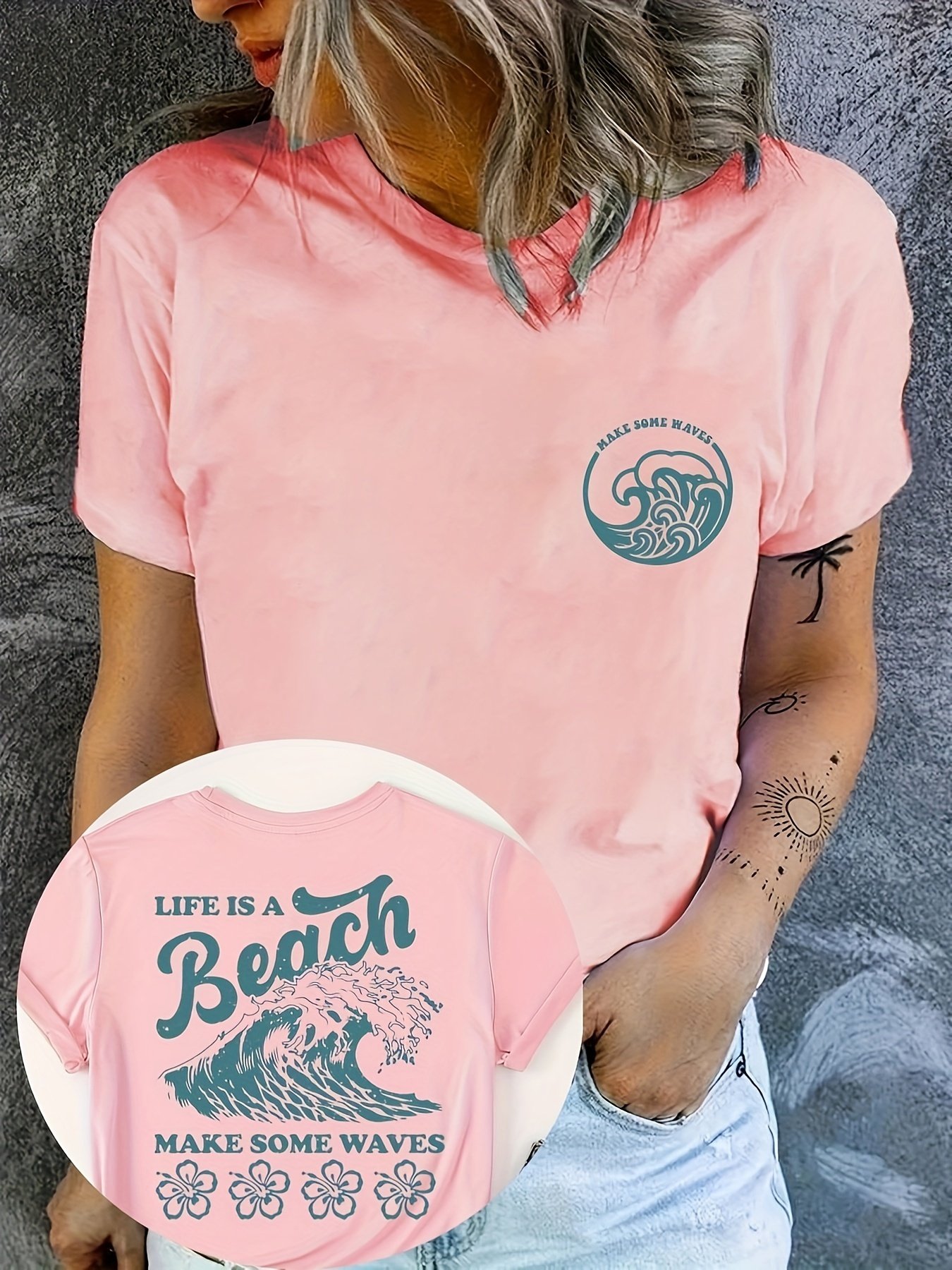 T-shirt à col rond imprimé plage, haut à manches courtes décontracté pour le printemps et l'été, vêtements pour femmes