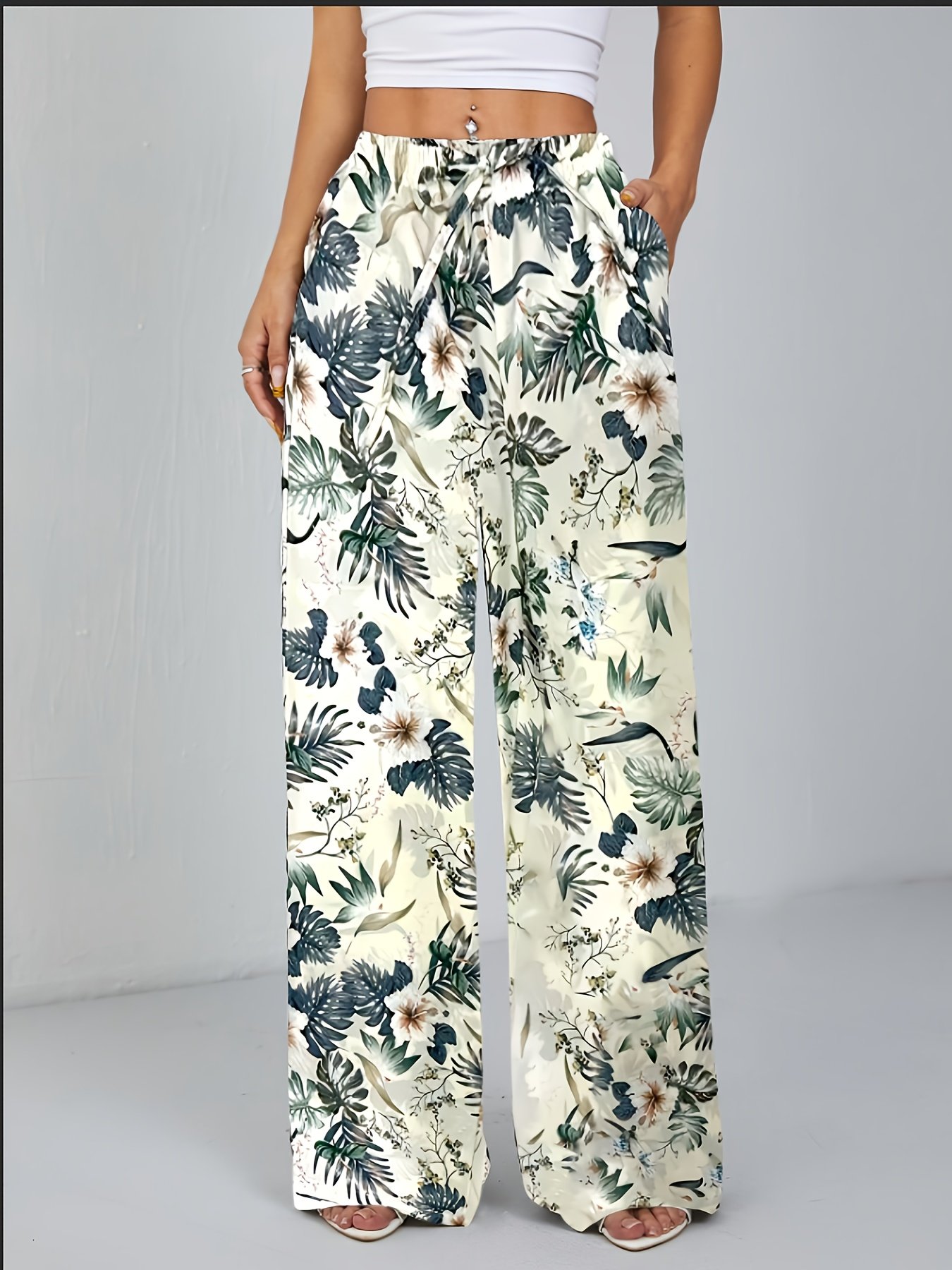 Pantalon Large à Imprimé Tropicale pour Femme avec Poches - Taille Haute, Coupe Ample, Lavable en Machine, Confort Toutes Saisons, Motif Feuille Verte et Bleue
