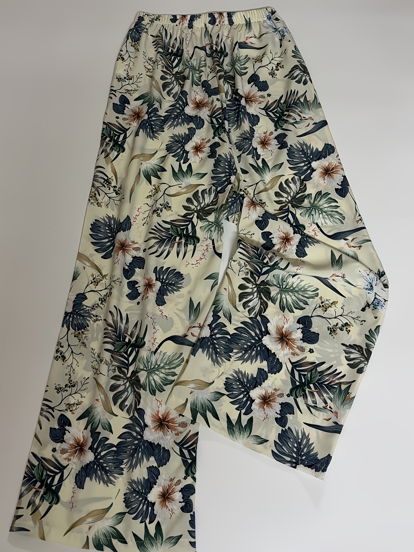 Pantalon Large à Imprimé Tropicale pour Femme avec Poches - Taille Haute, Coupe Ample, Lavable en Machine, Confort Toutes Saisons, Motif Feuille Verte et Bleue