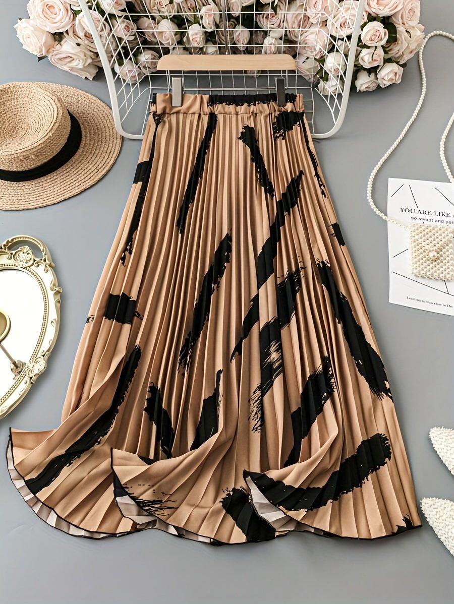 Jupe taille haute élastique imprimée abstraite, Jupe A-line élégante pour le printemps et l'été, Vêtements pour femmes