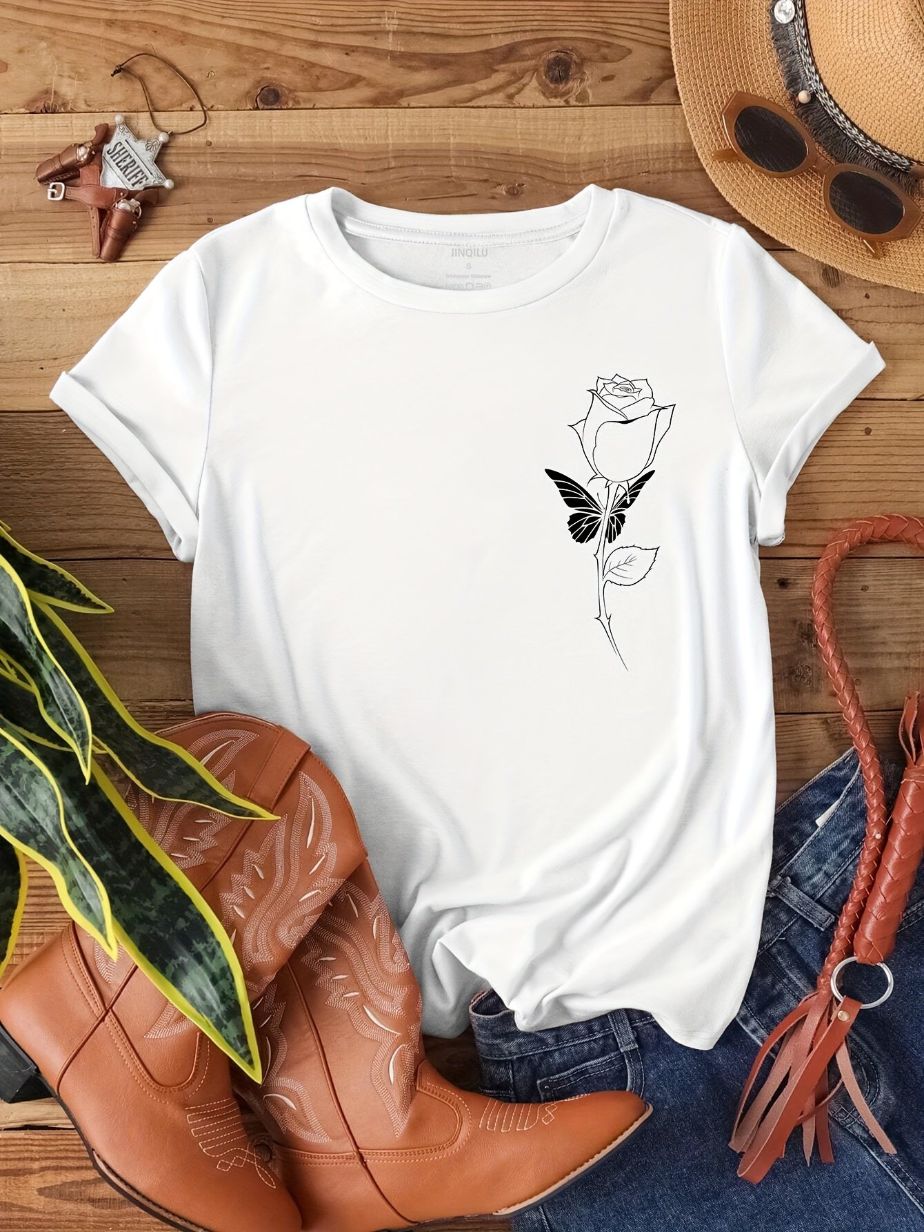 T-shirt À Col Rond Imprimé Rose, Haut Décontracté À Manches Courtes Pour Le Printemps Et L'été, Vêtements Pour Femmes