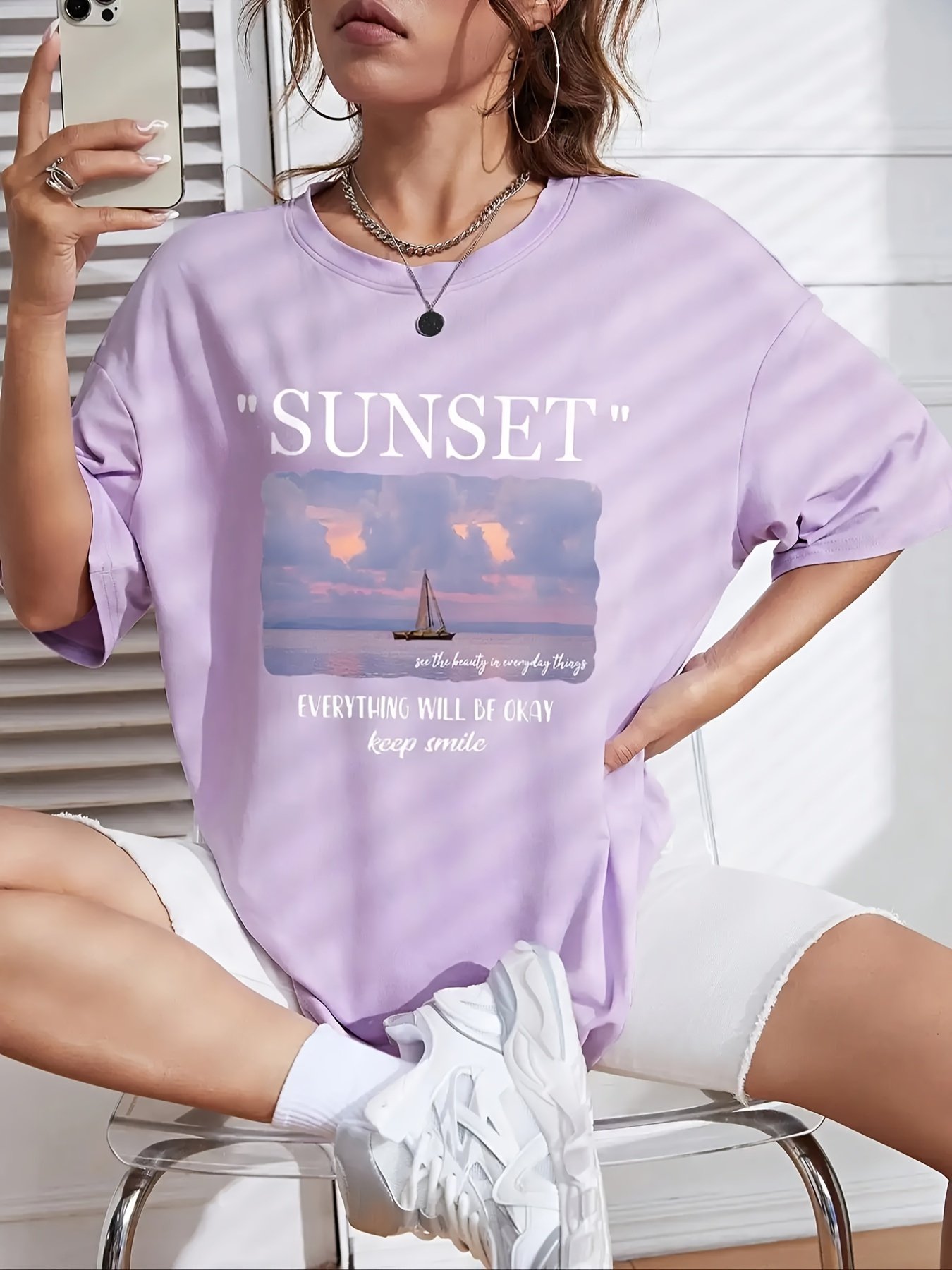 Top d'Été Décontracté à Manches Courtes pour Femmes - Imprimé Géométrique Lavande, Col Rond, T-Shirt Respirant et Lavable en Machine, Tee-shirt avec Motif Coucher de Soleil, Tissu Confortable