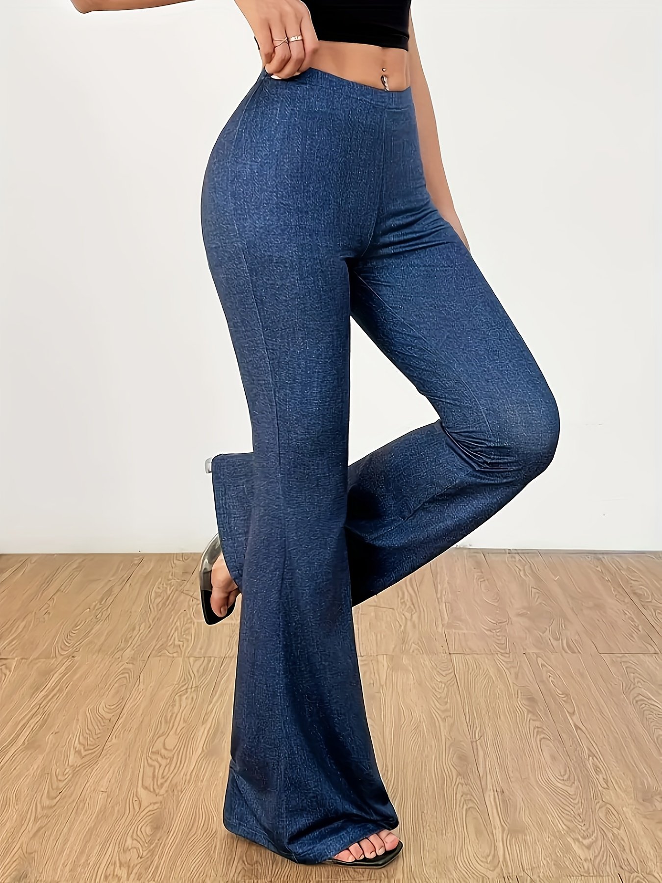 Pantalon évasé taille haute pour femme - Bas de pantalon extensible décontracté, mélange de polyester et d'élasthanne, lavable en machine, design bleu vibrant, ajustement confortable pour toutes les saisons, parfait pour une tenue décontractée