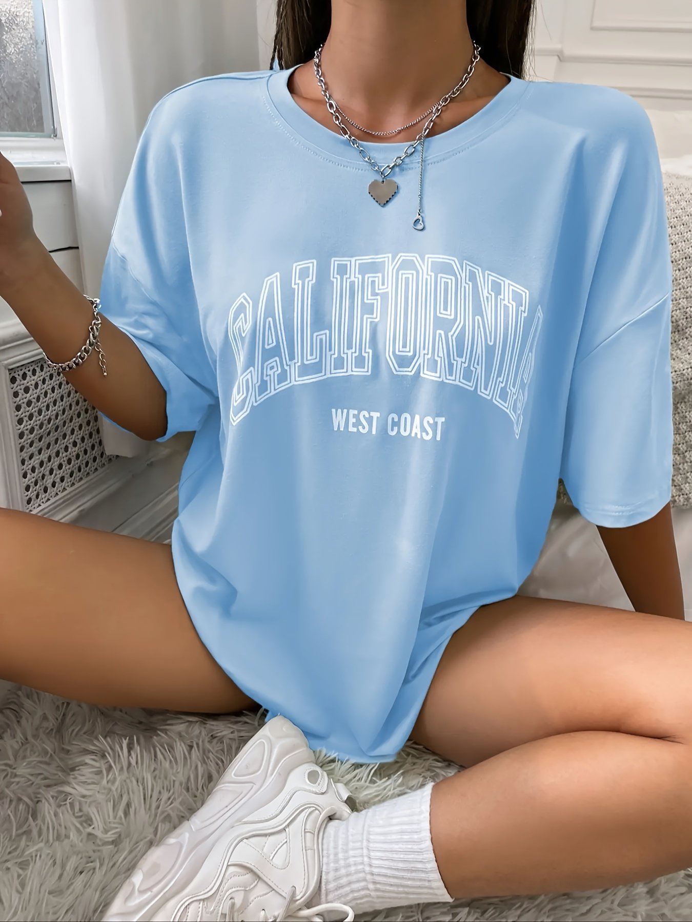 T-Shirt À Col Rond Imprimé Lettre, T-Shirt Ample Décontracté À Épaules Tombantes Pour Le Printemps Et L'été, Vêtements Pour Femmes